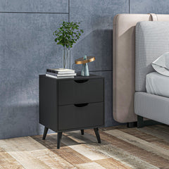 Modern Bedside Table, Nightstand with 2 Drawers and Pine Wood Legs for Bedroom, Living Room, White