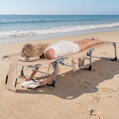Folding Tanning Chair with Face Hole, Arm Cut Outs and 4 Backrest Positions, Beige