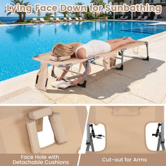 Folding Tanning Chair with Face Hole, Arm Cut Outs and 4 Backrest Positions, Beige