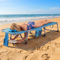 Folding Tanning Chair with Detachable Headrest and Side Pocket, Blue