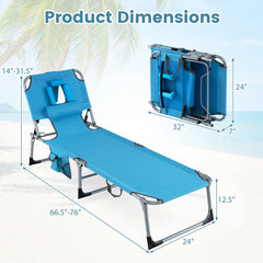 Folding Tanning Chair with Detachable Headrest and Side Pocket, Blue
