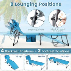 Folding Tanning Chair with Detachable Headrest and Side Pocket, Blue