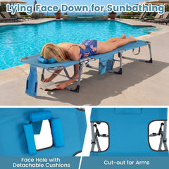 Folding Tanning Chair with Detachable Headrest and Side Pocket, Blue