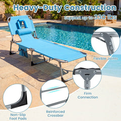 Folding Tanning Chair with Detachable Headrest and Side Pocket, Blue
