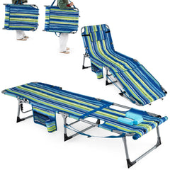 Folding Beach Tanning Chair with Shoulder Strap and Face Hole, Blue and Green Stripe