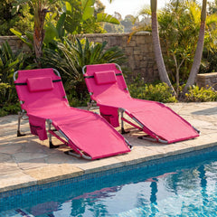 Folding Tanning Chair with Side Pocket and Detachable Head Pillow, Pink