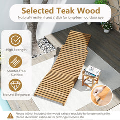 Set of 2 Teak Wood Folding Chaise Lounges with Contoured Slatted Seats