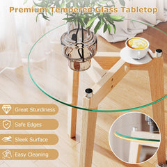 Tempered Glass End Table Round with Solid Rubber Wood Structure-Set of 2