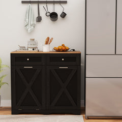 Tilt Out Trash Can Cabinet with Outlets and Adjustable Shelf-Black