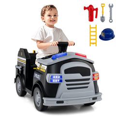 12V Toddler Ride On Rescue Truck with Shovel, Wrench, Ladder, Extinguisher and Safety Hat, 55 lb, Black Police Livery
