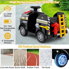 12V Toddler Ride On Rescue Truck with Shovel, Wrench, Ladder, Extinguisher and Safety Hat, 55 lb, Black Police Livery