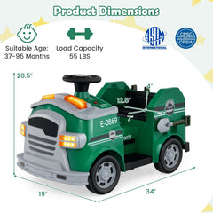 12V Toddler Ride On Rescue Truck with Two 30W Motors, Toy Tools and Safety Hat, 55 lb, Army Green