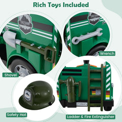 12V Toddler Ride On Rescue Truck with Two 30W Motors, Toy Tools and Safety Hat, 55 lb, Army Green