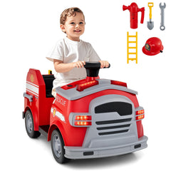 12V Toddler Ride On Fire Truck with Ladder, Extinguisher, Shovel, Wrench and Safety Hat, 55 lb, Red