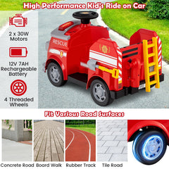 12V Toddler Ride On Fire Truck with Ladder, Extinguisher, Shovel, Wrench and Safety Hat, 55 lb, Red