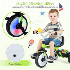 Toddler Tricycle with 3-Position Seat and Storage Basket for Kids-Green
