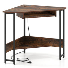 Triangle Corner Desk with Charging Station Keyboard Tray and Storage Shelf-Rustic Brown