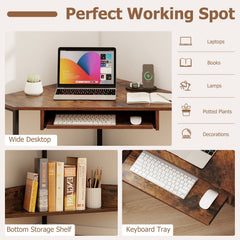 Triangle Corner Desk with Charging Station Keyboard Tray and Storage Shelf-Rustic Brown