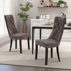 Set of 2 Tufted High Back Dining Chairs, Grey Velvet with Rubber Wood Legs