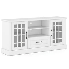 TV Stand for TVs up to 70, with Glass Doors Cubbies and Drawer-White