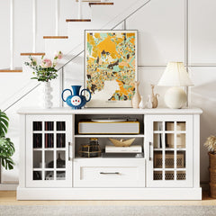 TV Stand for TVs up to 70, with Glass Doors Cubbies and Drawer-White