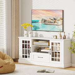 TV Stand for TVs up to 70, with Glass Doors Cubbies and Drawer-White