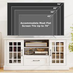 TV Stand for TVs up to 70, with Glass Doors Cubbies and Drawer-White