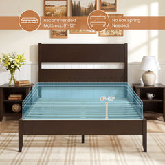 Full Bed Frame with Headboad and Solid Wood Legs 12 Slats-Dark Walnut
