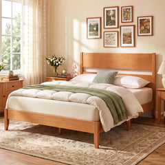 Full Bed Frame with Headboad and Solid Wood Legs 12 Slats-Warm Brown