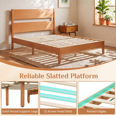 Full Bed Frame with Headboad and Solid Wood Legs 12 Slats-Warm Brown