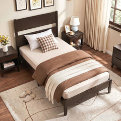 Twin Bed Frame with Headboard with Solid Wood Legs 12 Slats-Rustic Brown-Dark Walnut