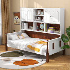 Twin Bed with Integrated Bookcase, 2 Cabinets and 5 Open Shelves, White