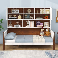 Twin Bed with Integrated Bookcase, 2 Cabinets and 5 Open Shelves, White