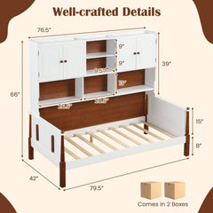 Twin Bed with Integrated Bookcase, 2 Cabinets and 5 Open Shelves, White