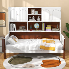 Twin Bed with Integrated Bookcase, 2 Cabinets and 5 Open Shelves, White