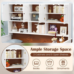 Twin Bed with Integrated Bookcase, 2 Cabinets and 5 Open Shelves, White