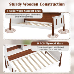Twin Bed with Integrated Bookcase, 2 Cabinets and 5 Open Shelves, White