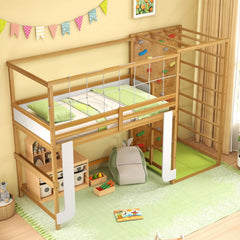 Twin Bunk Bed with Jungle Gym Wooden Loft Bed with Climbing Ladder-Natural
