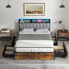 Full Metal Storage Bed with RGB LED Lights, Charging Station and 4 Drawers