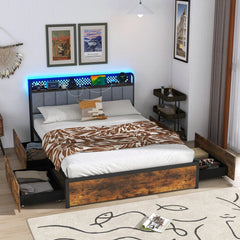 Full Metal Storage Bed with RGB LED Lights, Charging Station and 4 Drawers