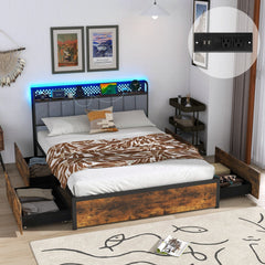 Full Metal Storage Bed with RGB LED Lights, Charging Station and 4 Drawers