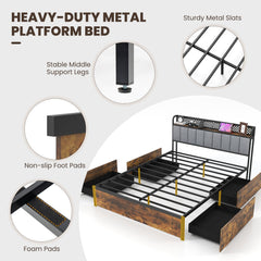 Full Metal Storage Bed with RGB LED Lights, Charging Station and 4 Drawers