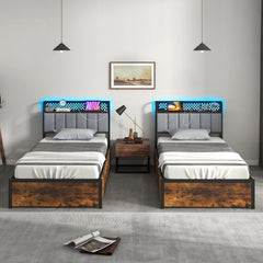 Twin Metal Storage Bed with RGB LED Lights, Charging Station and 4 Drawers