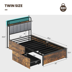 Twin Metal Storage Bed with RGB LED Lights, Charging Station and 4 Drawers