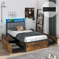 Twin Metal Storage Bed with RGB LED Lights, Charging Station and 4 Drawers
