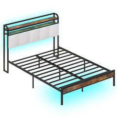 Queen Metal Platform Bed with LED Lights, Charging Station and Storage Headboard
