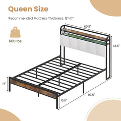 Queen Metal Platform Bed with LED Lights, Charging Station and Storage Headboard