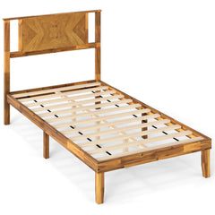 Twin Acacia Wood Platform Bed with Chevron Headboard and 12 Plywood Slats