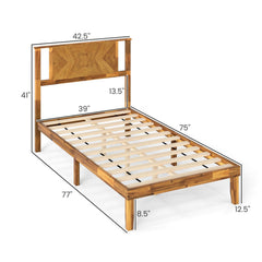 Twin Acacia Wood Platform Bed with Chevron Headboard and 12 Plywood Slats