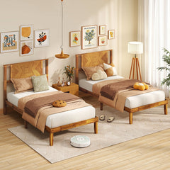 Twin Acacia Wood Platform Bed with Chevron Headboard and 12 Plywood Slats